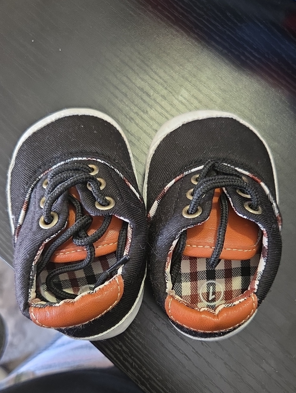 Baby Lace-Up Canvas Walkers in Black with Brown Accents